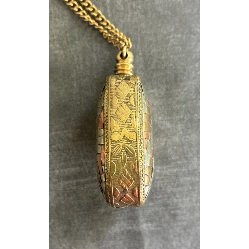 Vintage Perfume Bottle Necklace Pendant Chatelaine Woven Mixed Metal Flask 1.6oz
